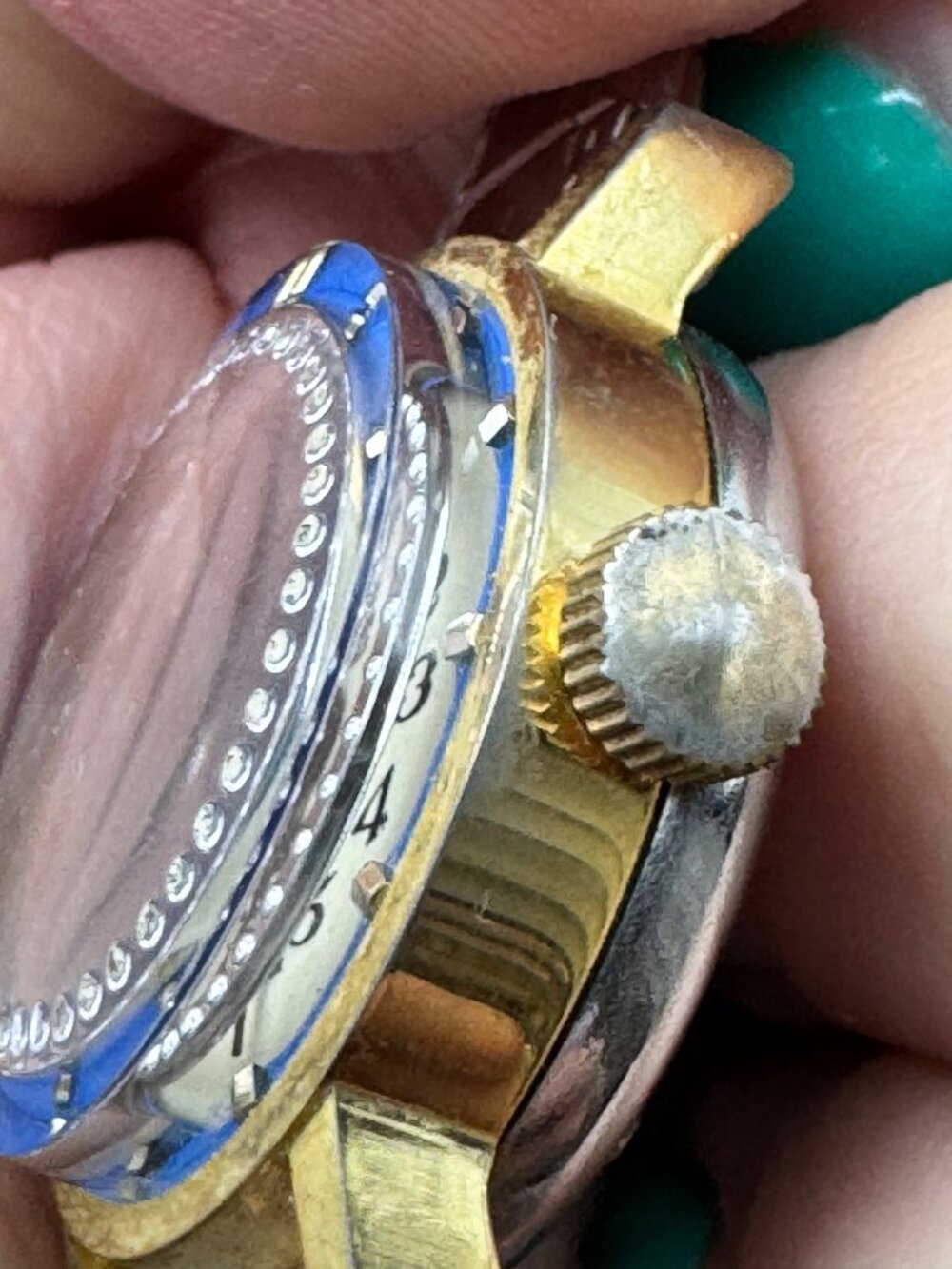 Vintage Jowissa 17 Jewel Swiss Mechanical Watch Blue Bezel Rhinestone Dial - Picture 2 of 6